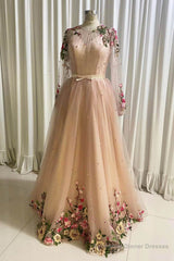 A Line Tulle Long Prom Dress with Flowers, Pink Long Sleeves Party Dress with Beading