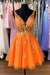 Plunging Neck Orange Appliques Short Party Dress