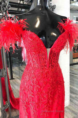 Plunging V-Neck Red Feather Shoulder Long Prom Dress Gala Evening Gown