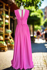 Plunging V-neck Ruffles Pleated Fuchsia Bridesmaid Dress With Silt