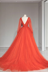 Plunging V-Neck Tulle Floor Length Formal Dress, Orange Long Sleeve Prom Dress