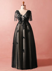 Plus Size Black Tulle Short Sleeve Empire Waist V-neck Prom Dress