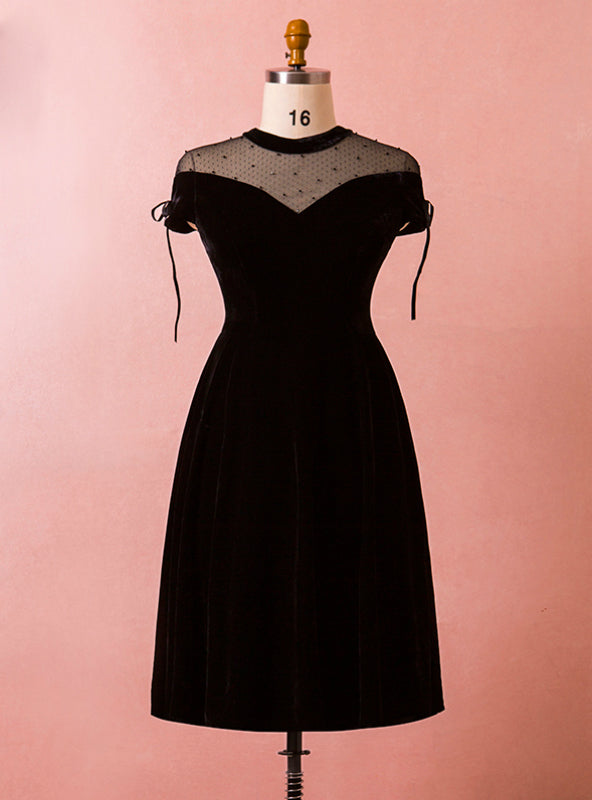 Plus Size Black Velvet Cap Sleeve High Neck Short Prom Dress