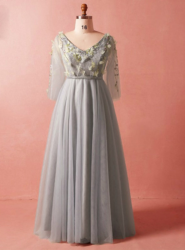 Plus Size Gray V-neck Long Sleeve Tulle Floor Length Prom Dress