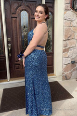 Plus Size Mermaid Grey Blue Halter Sequins Long Prom Dress