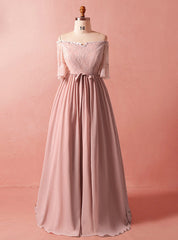 Plus Size Pink Chiffon Short Sleeve Off The Shoulder Prom Dress