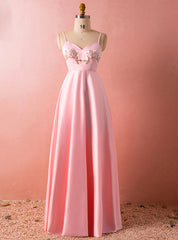 Plus Size Pink Spaghetti Straps Satin Backless Floor Length Prom Dress