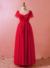 Plus Size Red Tulle Appliques Short Sleeve Floor Length Prom Dress