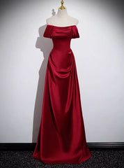 Popular Burgundy Satin Off the Shoulder Pleats Prom Dress