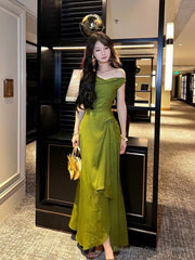 Pretty A line Off The Shoulder Satin Green Long Prom Dresses Satin Evening Gowns