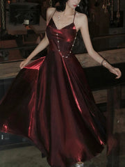 Pretty A Line Spaghetti Straps Burgundy Satin Prom Dresses Evening Gowns Birthday Dress