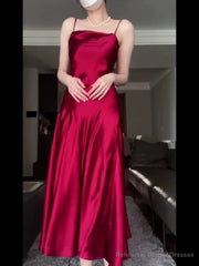 Pretty A Line Spaghetti Straps Red Satin Long Floor Length Prom Dresses