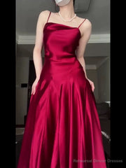 Pretty A Line Spaghetti Straps Red Satin Long Floor Length Prom Dresses