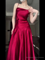 Pretty A Line Spaghetti Straps Red Satin Long Floor Length Prom Dresses