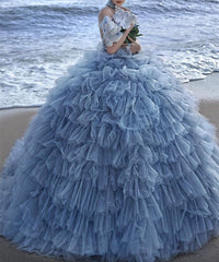 Pretty Ball Gown High Neckline Tulle Layers Long Blue Ruffles Prom Dresses Sweet 16 Dresses