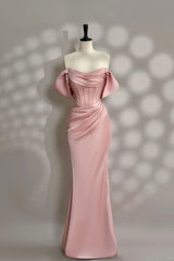 Pretty Pink Mermaid Evening Dress Pearl Beading Off Shoulder Prom Dress