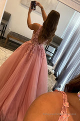 Princess A Line Deep V Neck Blush Long Prom Dress with Appliques