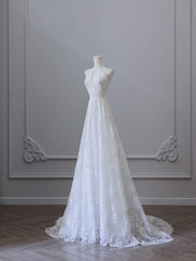 Princess A line High Neckline White Lace Long Wedding Dresses Brides Dress