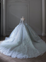 Princess Ball Gown Scoop Neckline Long Sleeves Sequin Light Sky Blue Long Wedding Dresses Brides Dress