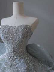 Princess Ball Gown Strapless Neckline Long Sequin Light Sky Blue Long Wedding Dresses Brides Dress