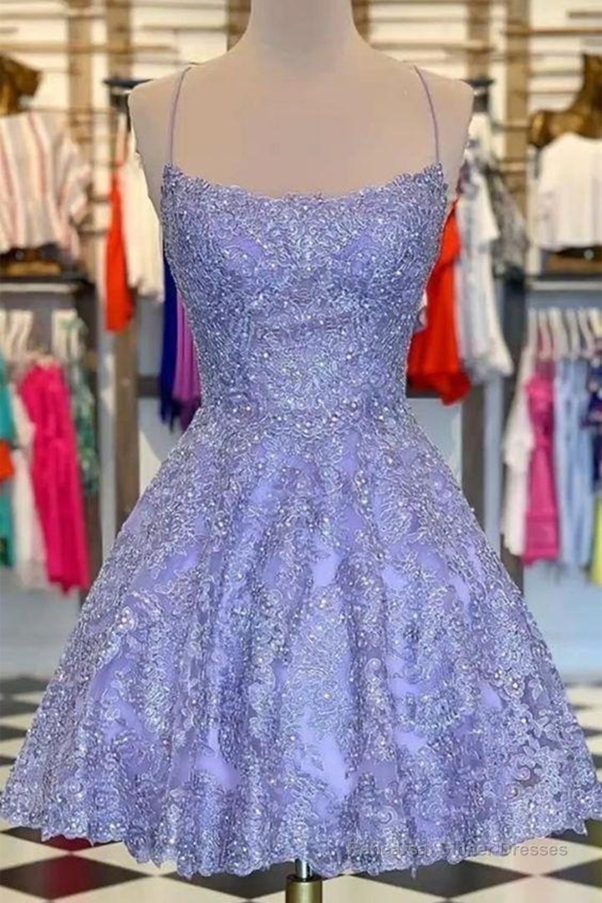 Princess Beaded Purple Lace Prom Dress, Short Purple Lace Homecoming Dress, Purple Formal Evening Dress