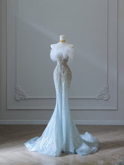 Princess Mermaid Strapless Neckline Long Sequin Light Sky Blue Long Wedding Dresses Brides Dress