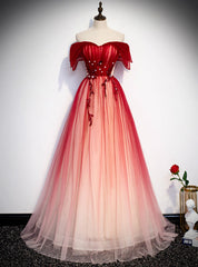 Princess Red Tulle Off the Shoulder Beading Prom Dress