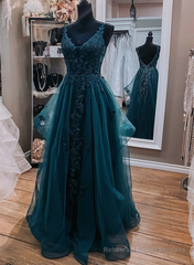 Teal Blue Tulle V-Neckline Long Party Dress With Lace, Teal Blue Long Prom Dress