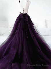 Dark Purple Tulle With Lace Applique Long Wedding Party Dress, Purple Formal Dress