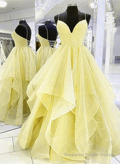 Light Yellow Tulle Straps Long Prom Gown, Lace-Up Tulle Evening Dresses