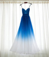 Spaghetti Strap Royal Blue Ombre Long Chiffon Royal Blue Ombre A Line Sweetheart Prom Dresses