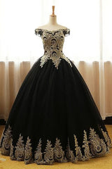 Black Appliques Long Black Prom Dresses