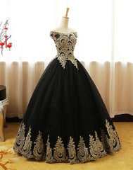 Black Appliques Long Black Prom Dresses