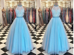 Prety Halter Long Lace Tulle Beding Light Blue For Teens Elegant Prom Dresses