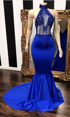 High neck halter beaded royal blue satin . Sleeveless. Illusion beading bodice. Mermaid long with sweep train Prom Dresses