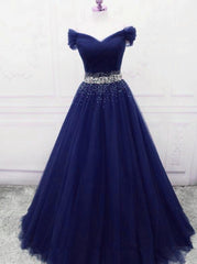 Dark Blue Beaded Tulle A Line Party Dress, Long Prom Dress