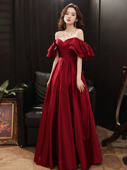 Dark Red Satin Style Off Shoulder Long Prom Dress, A-line Long Formal Dress