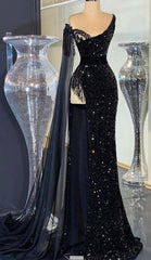 Tassels Black Formal Party Dresses Sparkly Sequined One Shoulder Arabic Dubai Fashion Prom Dresses