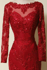 Elegant Long Sleeves Red Lace Mermaid Prom Dress, 2025 Party Dress, Evening Dress, 2025