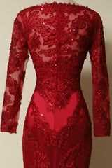 Elegant Long Sleeves Red Lace Mermaid Prom Dress, 2025 Party Dress, Evening Dress, 2025