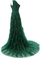 Forest Green Lace Appliques Tulle Floor Length Prom Dress, Featuring One Shoulder Bodice With Bow Accent Belt