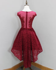 Burgundy High Low With Illusion Neckline Elegant Lace Strapless Rhinestones Prom Dresses