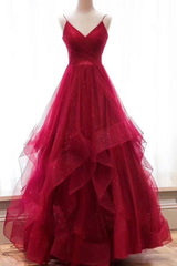 2025 A Line Red Sweetheart Tulle Layered Long Prom Dresses