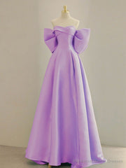 Purple A-Line Satin Long Prom Dresses, Purple Satin Evening Dresses