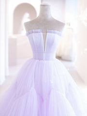 Purple A line Tulle Long Prom Dresses, Purple Evening Graduation Dresses