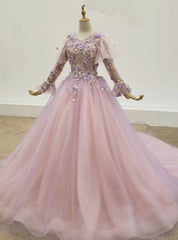 Purple Ball Gown Tulle 3D Flower Long Sleeve Wedding Dress