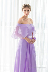 Purple Chiffon Off The Shoulder Long Bridesmaid Dresses