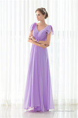 Purple Chiffon V-neck Backless Pleats Long Bridesmaid Dresses