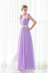 Purple Chiffon V-neck Backless Pleats Long Bridesmaid Dresses