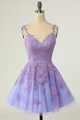 Purple Homecoming Dresses Spaghetti Straps Short Prom Dresses A-line V-neck Tulle Lace Backless